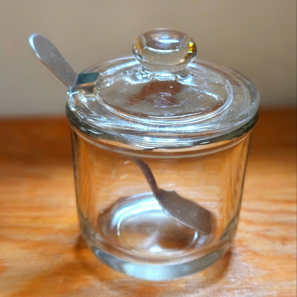 Sugar or Spice Jar With Lid, Clear Glass Jar With Metal Spoon, Honey Jar